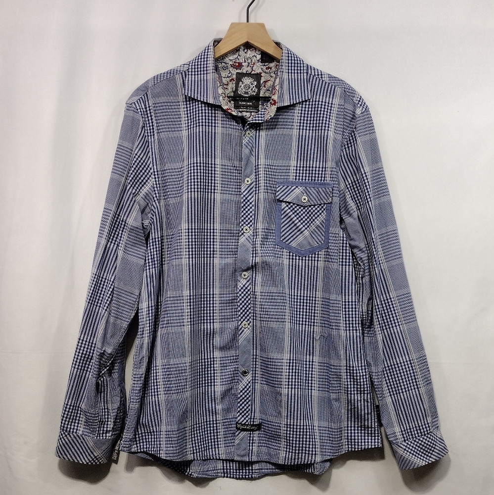 English Laundry Blaque Label Plaid Button Shirt Men's L Blue White Bobo Retro 90